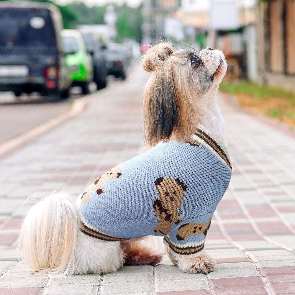 ABRRLO breathable knit fabric blue dog sweater close-up.