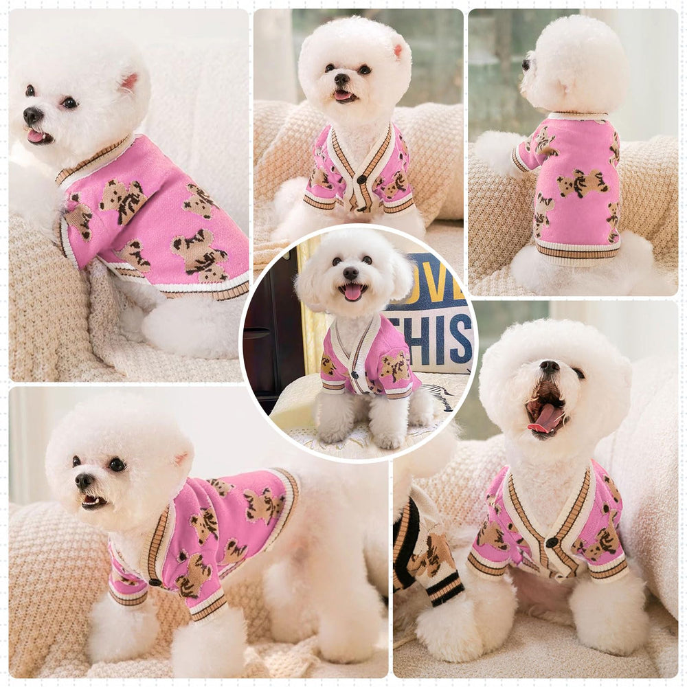 ABRRLO dog cardigan with bear design in pink, front view for style.