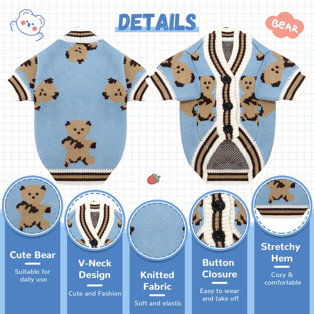 ABRRLO dog sweater blue button closures close-up for easy dressing.