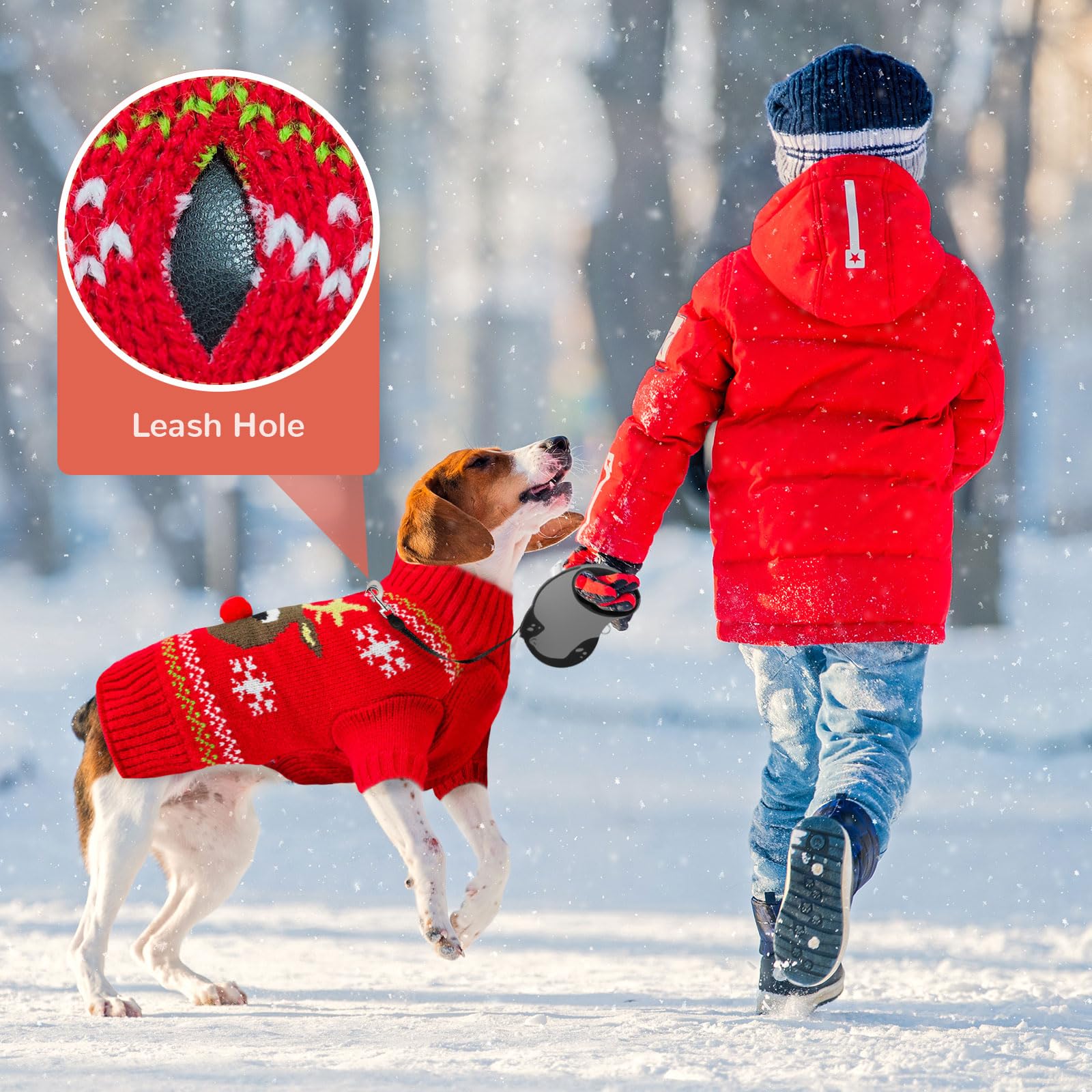 ABRRLO Red Elk sweater back leash hole detail supports safe outdoor walks