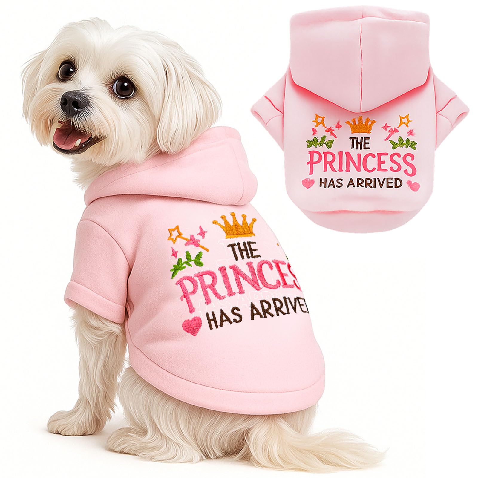 ABRRLO pink princess hoodie on small dog for cozy warmth