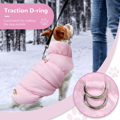 ABRRLO Winter Warm Dog Jacket pink XL worn-on-dog demonstrates harness-friendly design for easy leash use