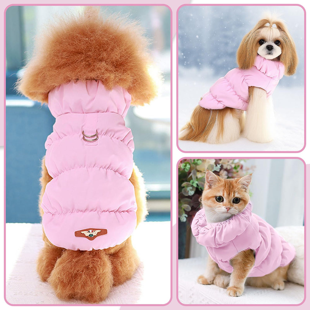 ABRRLO Winter Warm Dog Jacket pink XL on snowy walk shows versatile cold-weather wear
