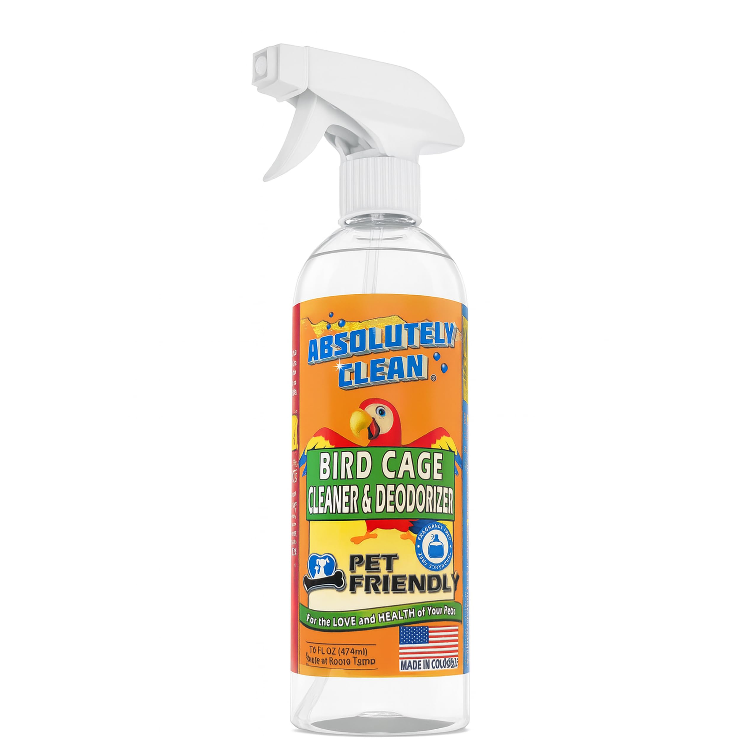 Absolutely Clean bird cage cleaner bottle showing fragrance-free formula for safe home cleaning