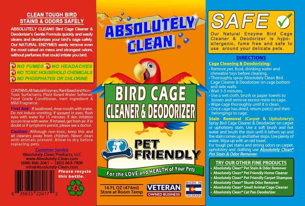 Absolutely Clean bird cage cleaner fragrance-free label reflects gentle, irritation-free cleaning