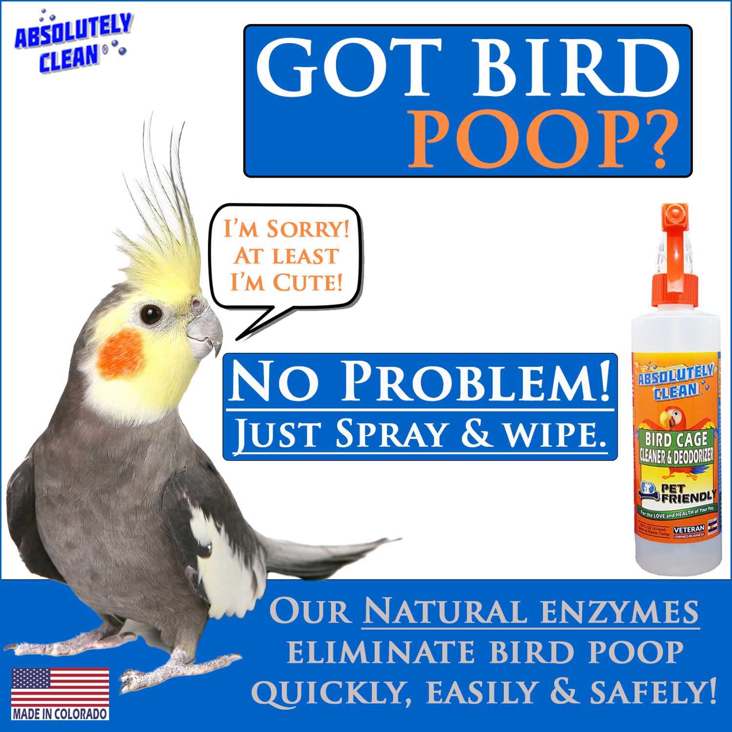 Absolutely Clean bird cage cleaner spray action demonstrating quick spray-and-wipe convenience