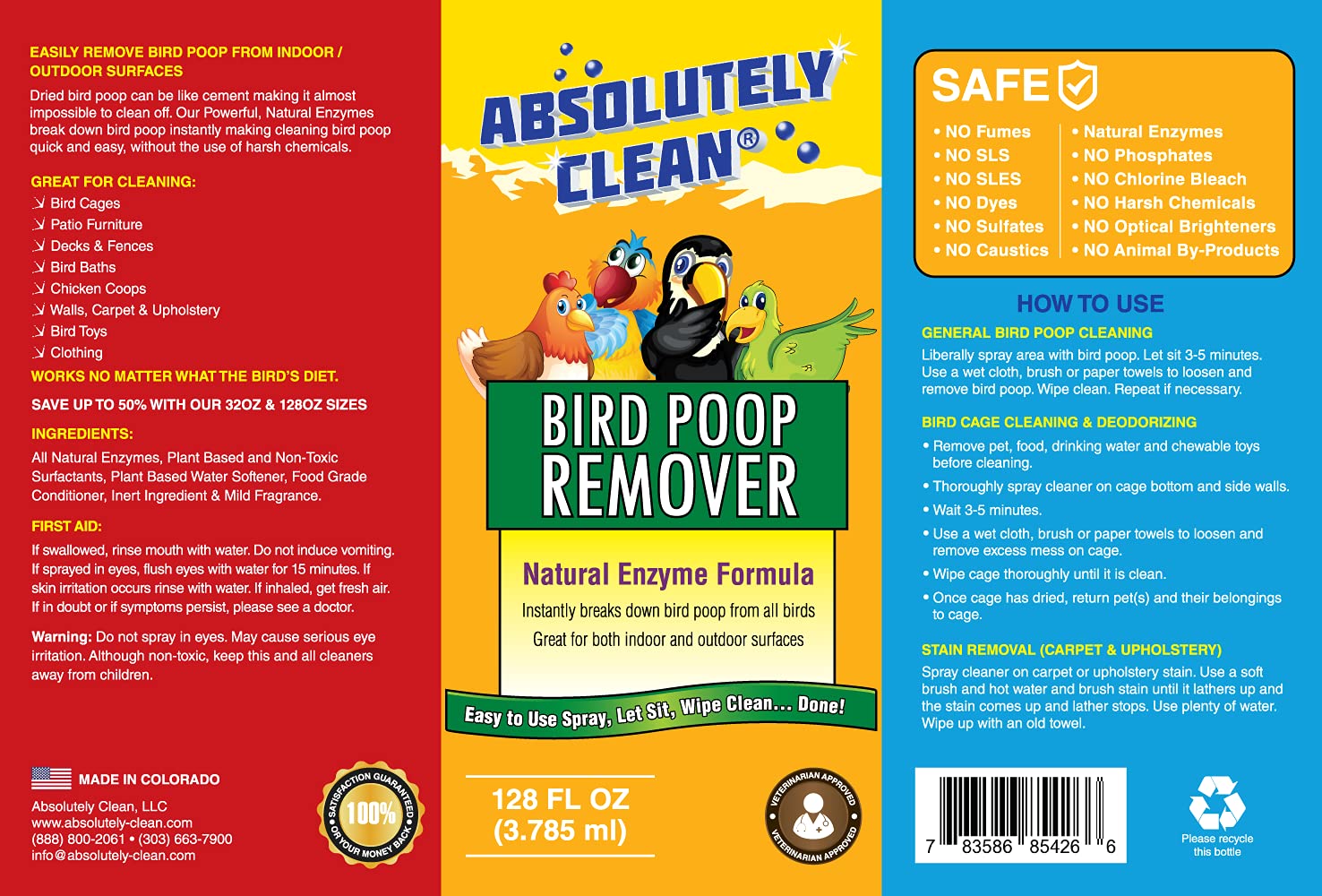 Absolutely Clean Bird Poop Remover made in the USA, reliable for tough stains.