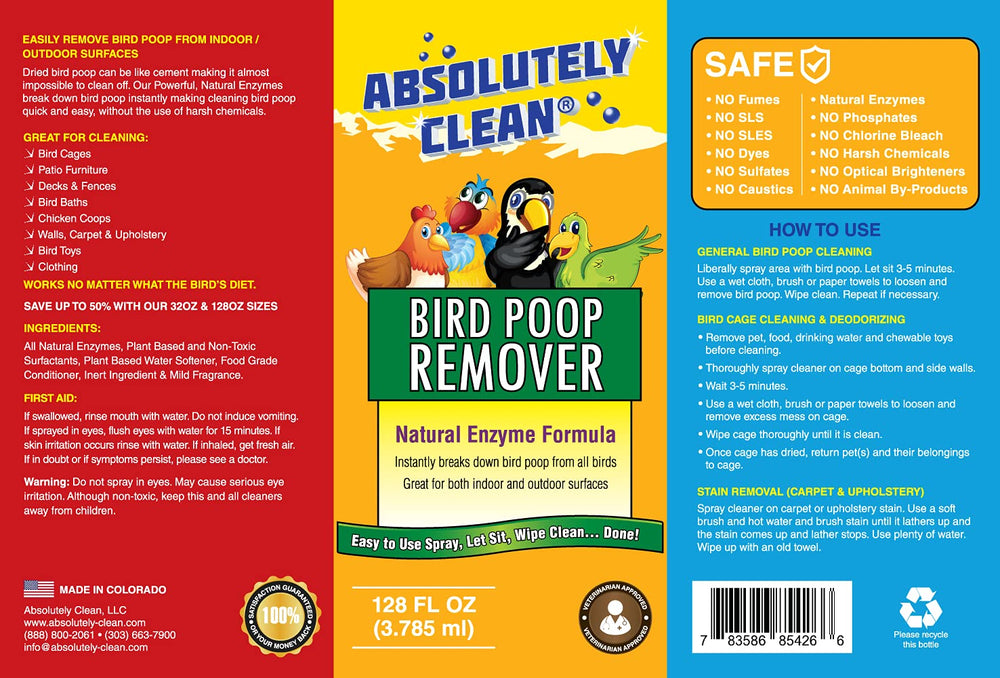 Absolutely Clean Bird Poop Remover made in the USA, reliable for tough stains.