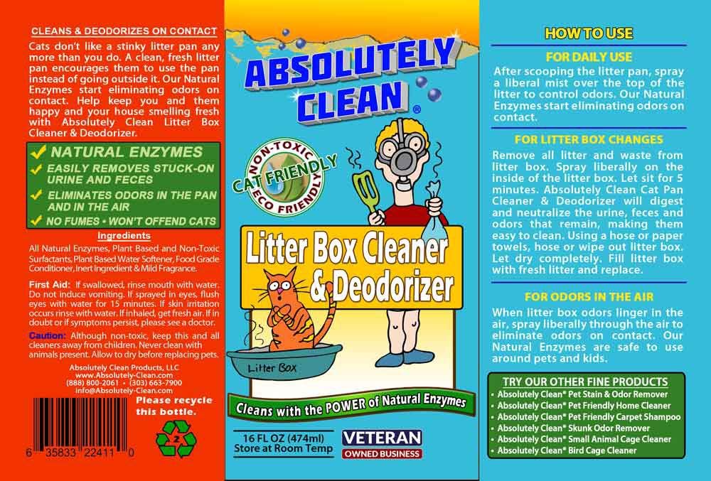 Absolutely Clean Litter Box Enzyme Cleaner demonstrates natural enzymes breaking down messes for a cleaner box.