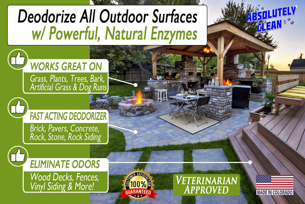Absolutely Clean Outdoor Deodorizer in action removing pet odors from grass and patios.