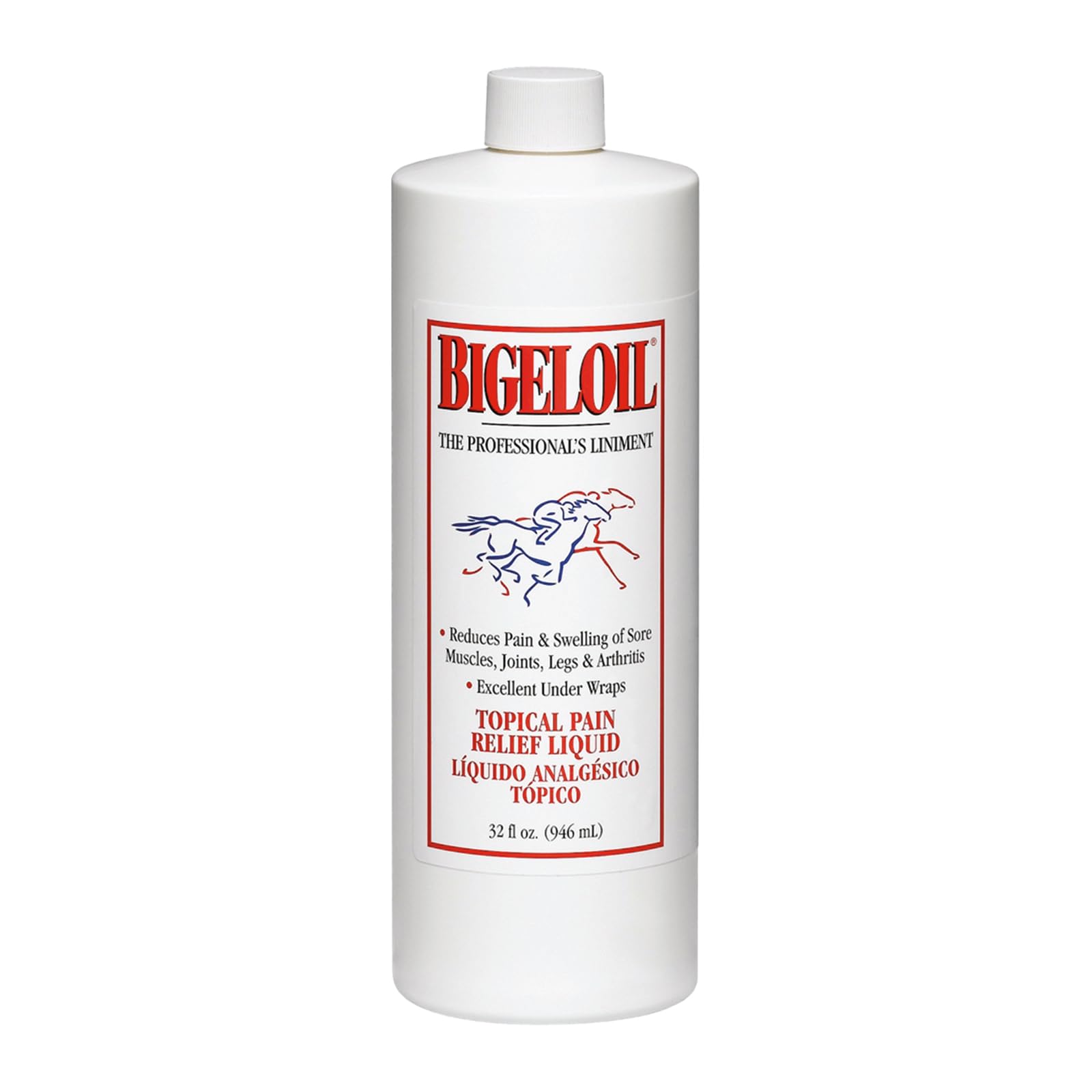 Absorbine Bigeloil Liniment bottle pour highlights soothing relief for tired muscles.