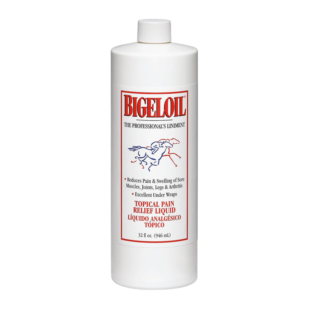 Absorbine Bigeloil Liniment bottle pour highlights soothing relief for tired muscles.