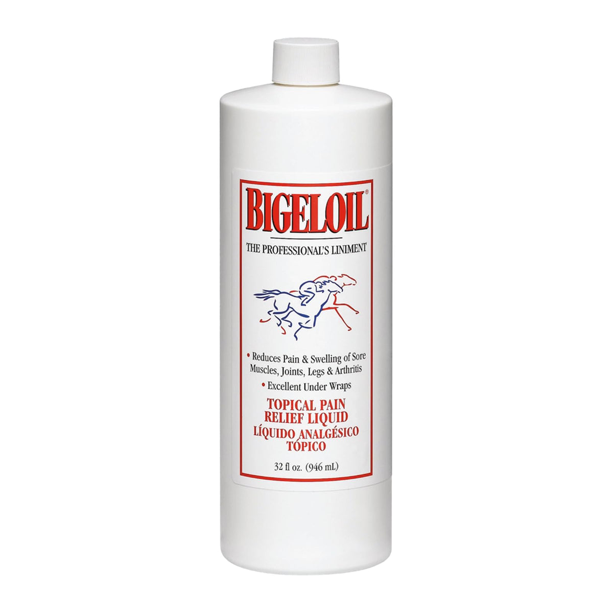 Absorbine Bigeloil Liniment bottle pour highlights soothing relief for tired muscles.
