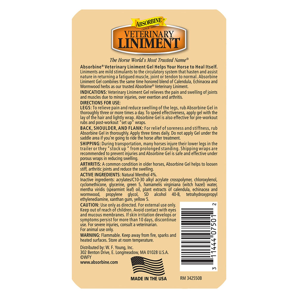 Absorbine liniment gel label highlighting USEF competition approval directions
