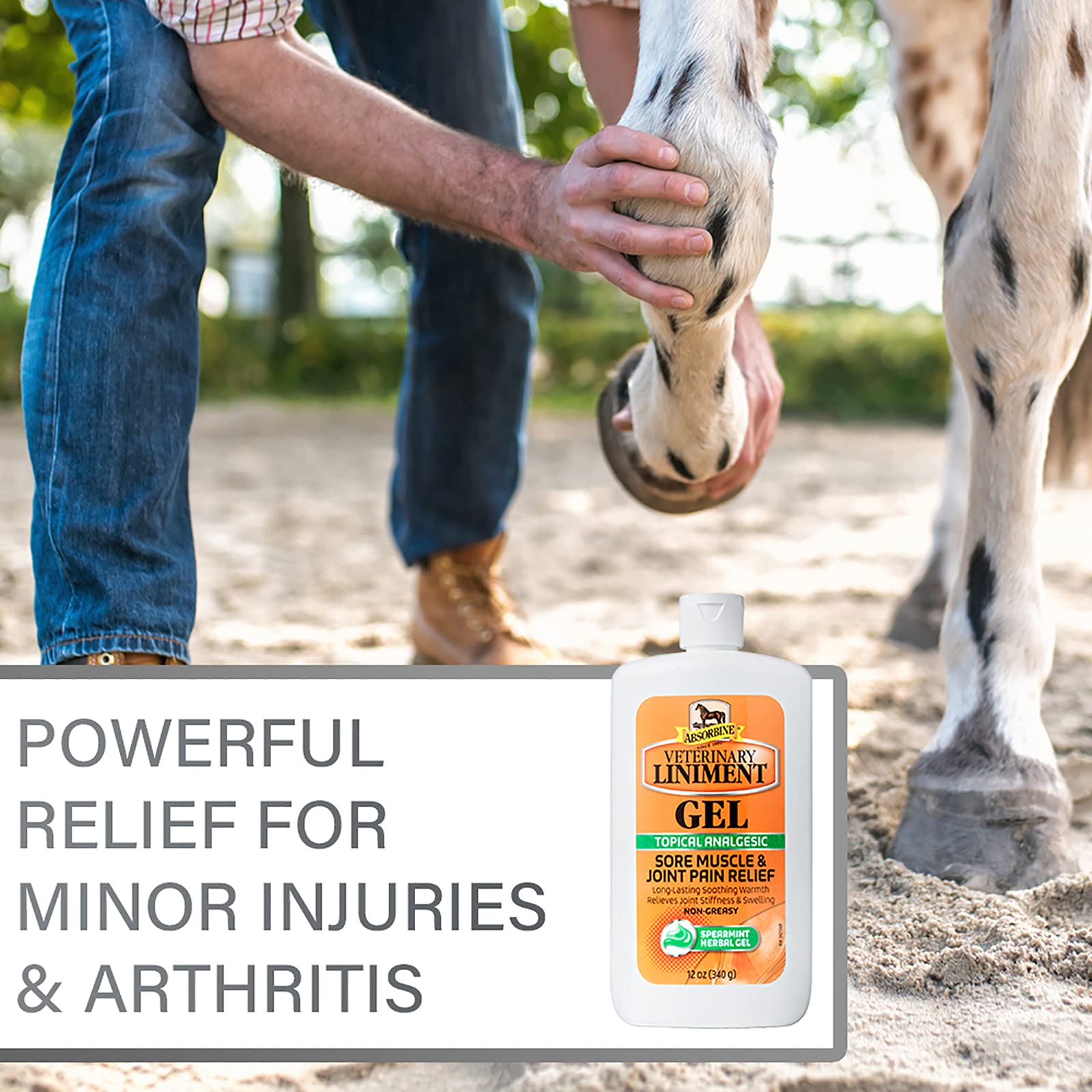 Absorbine liniment gel on a muscle area to ease stiffness