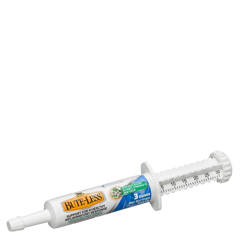 Absorbine Bute-Less daily-use syringe in hand illustrates convenient on-the-go dosing.