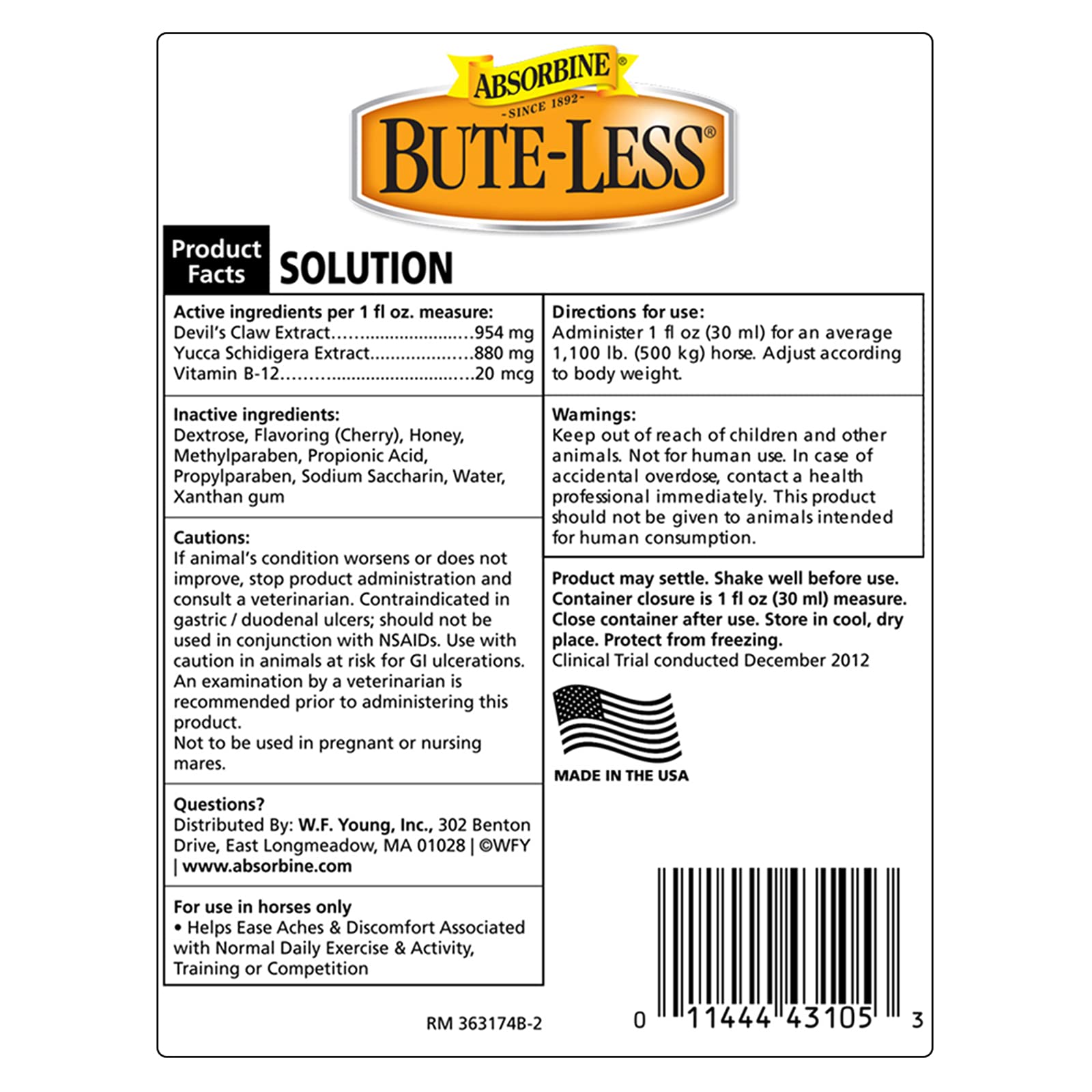 Absorbine Bute-Less label closeup showing natural ingredients for gentle support.