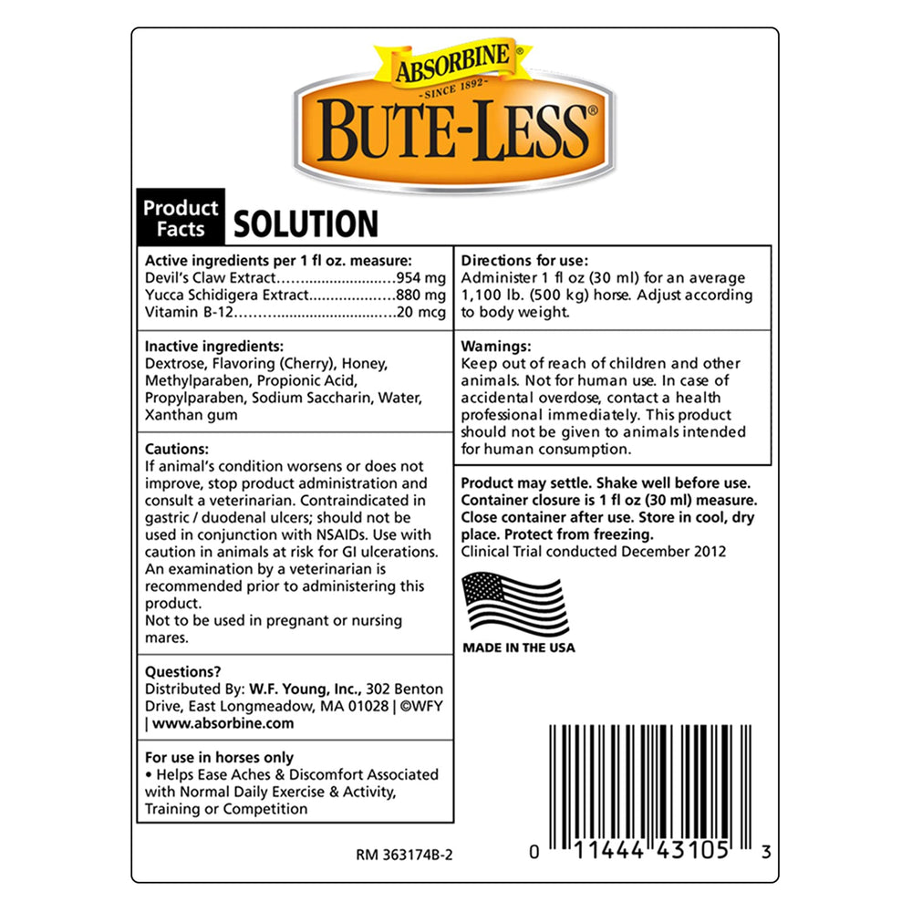 Absorbine Bute-Less label closeup showing natural ingredients for gentle support.