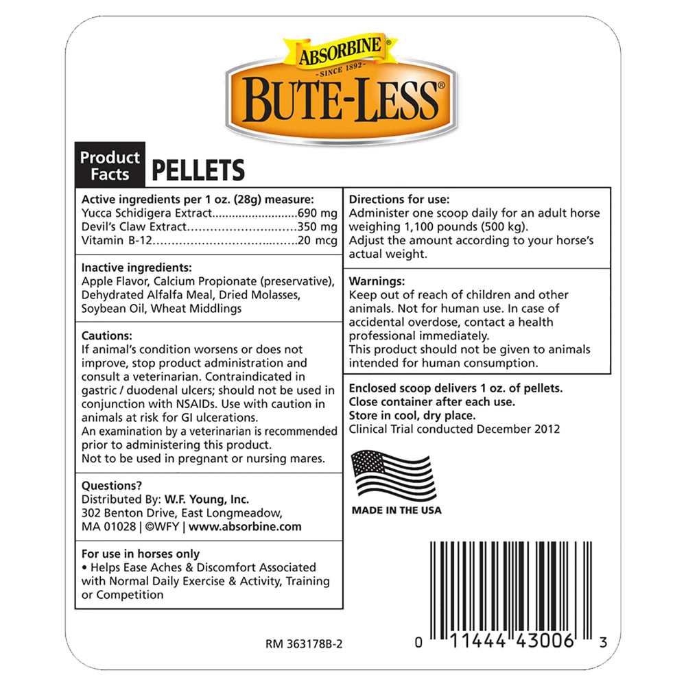Absorbine Bute-Less pellets package shows healthy inflammatory support for daily use.