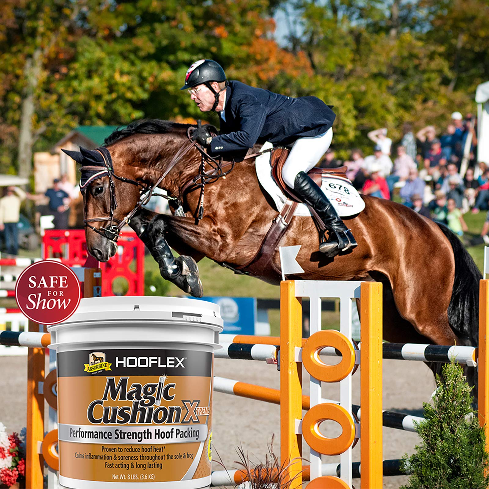 Absorbine Hooflex Magic Cushion Extreme 8lb tub emphasizes value for 40 applications.