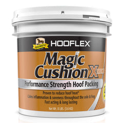 Absorbine Hooflex Magic Cushion Extreme tub close-up shows high-concentration hoof packing for fast relief.