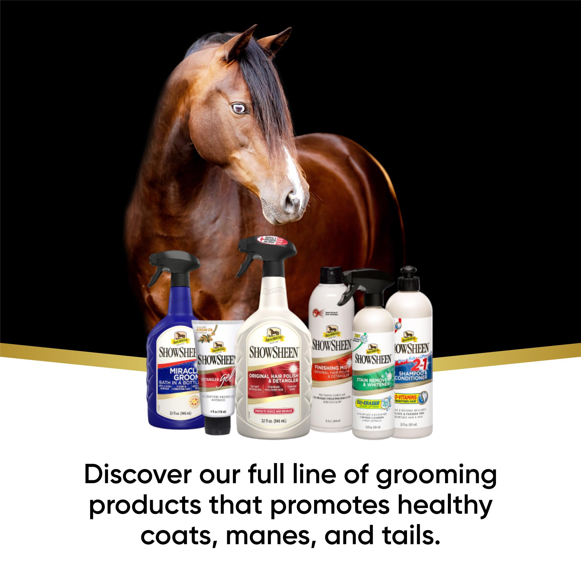 Absorbine ShowSheen Miracle Groom brush-and-towel scene shows dirt lift and deodorizing