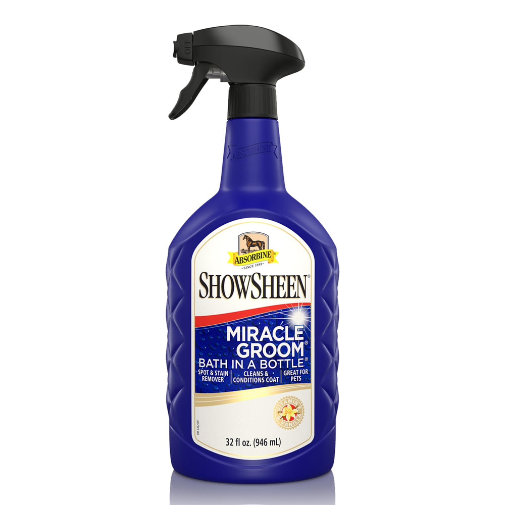 Absorbine ShowSheen Miracle Groom used on horses and dogs for waterless care