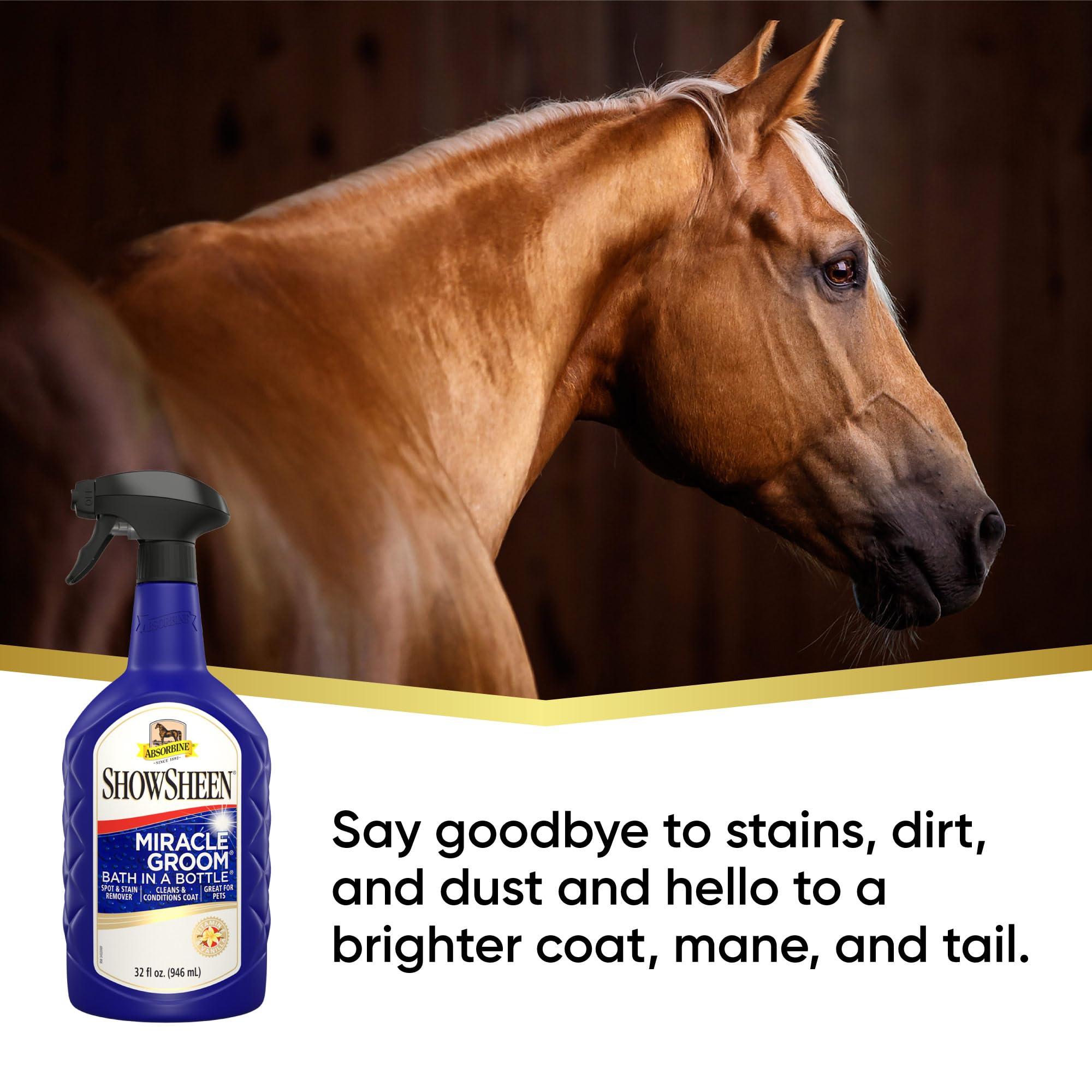 Absorbine ShowSheen Miracle Groom spray application for quick coat refreshment