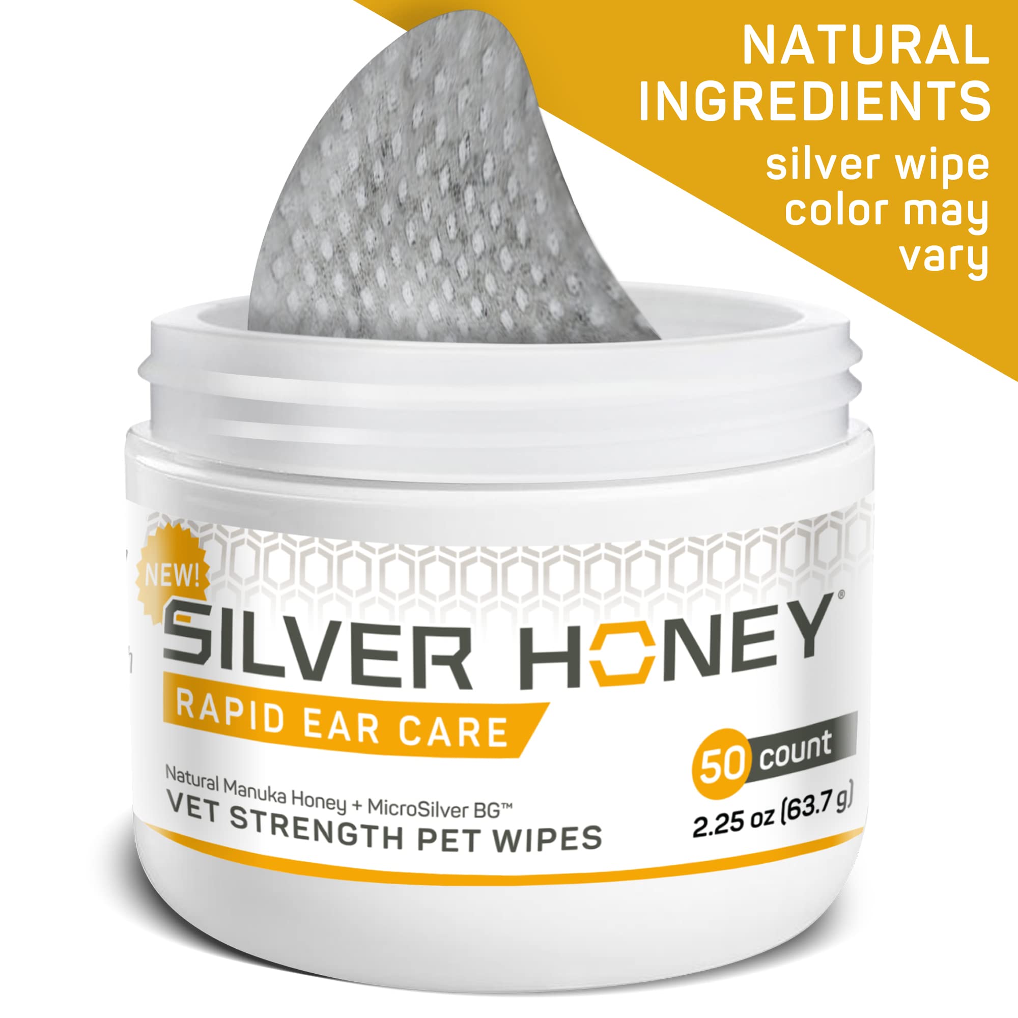 Absorbine Silver Honey ear wipes with Manuka honey detail for gentle cleansing.