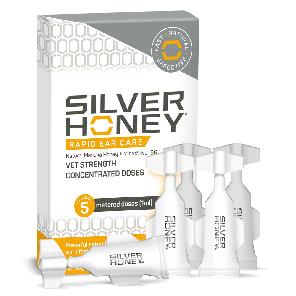 Absorbine Silver Honey Rapid Ear Care bottle closeup with non-sting formula.