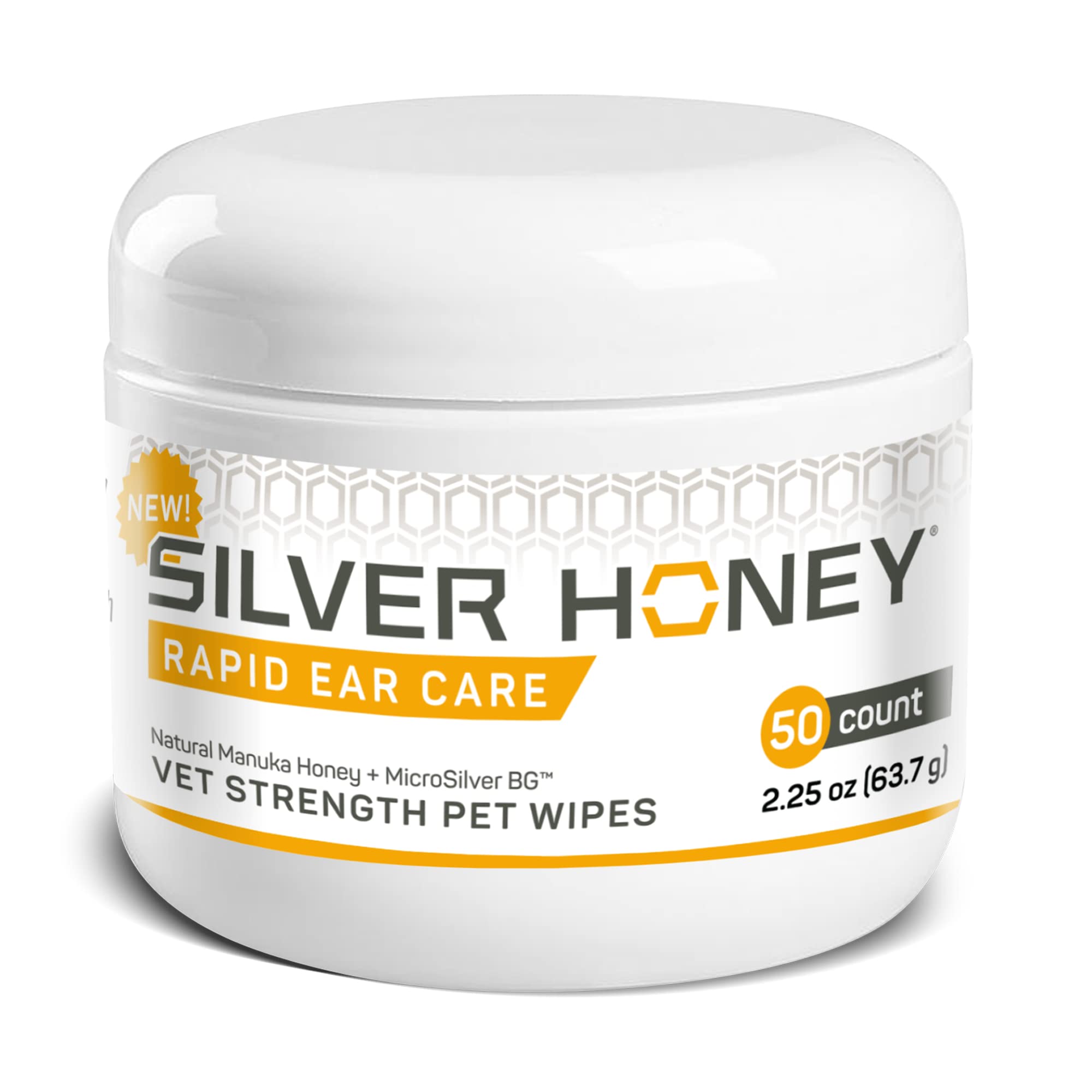 Absorbine Silver Honey rapid ear care wipes jar close-up for gentle outer-ear cleaning.