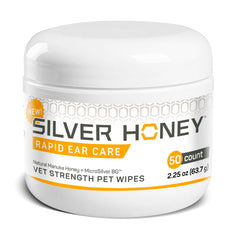Absorbine Silver Honey rapid ear care wipes jar close-up for gentle outer-ear cleaning.