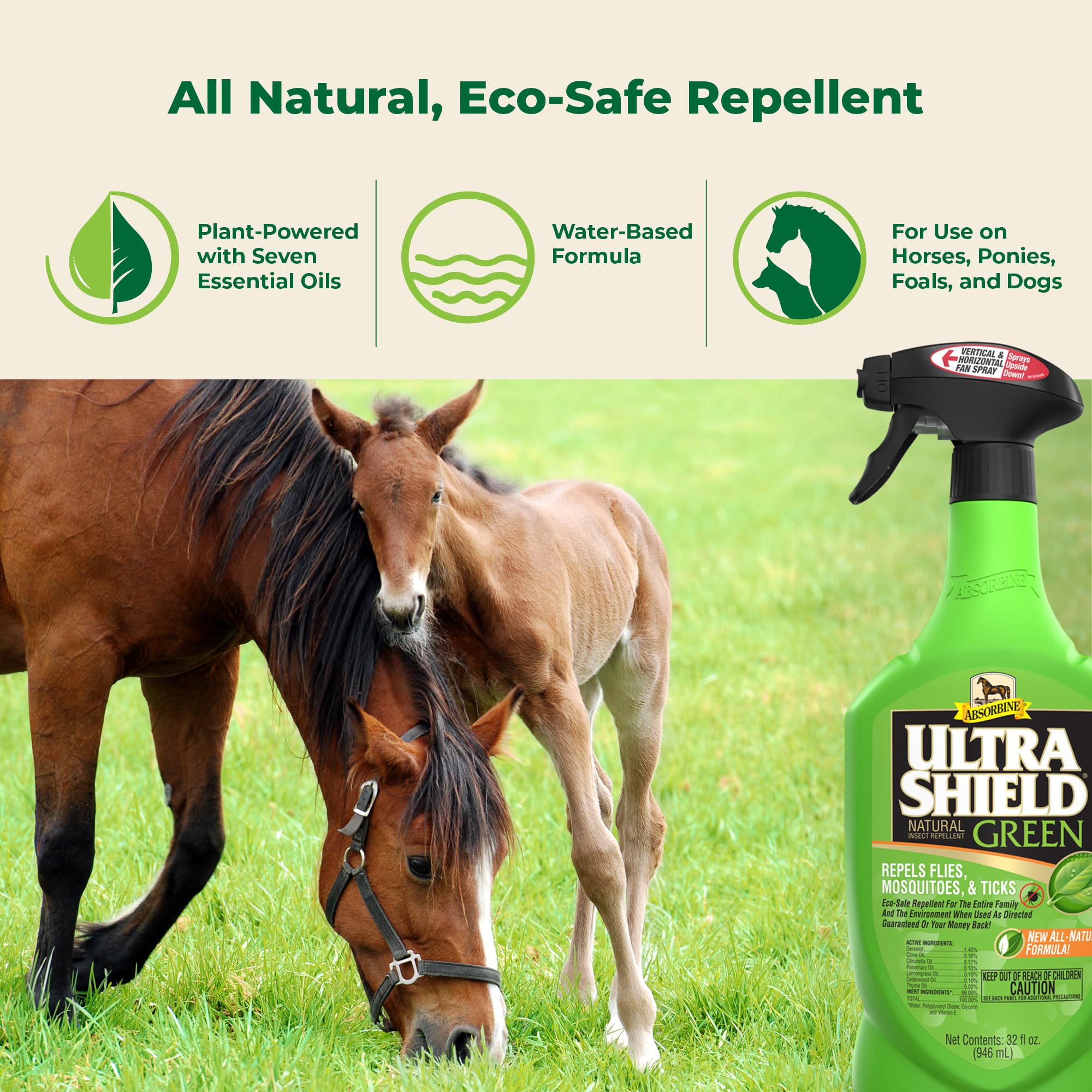 Absorbine UltraShield Green botanicals close-up with seven essential oils for natural repellent power.