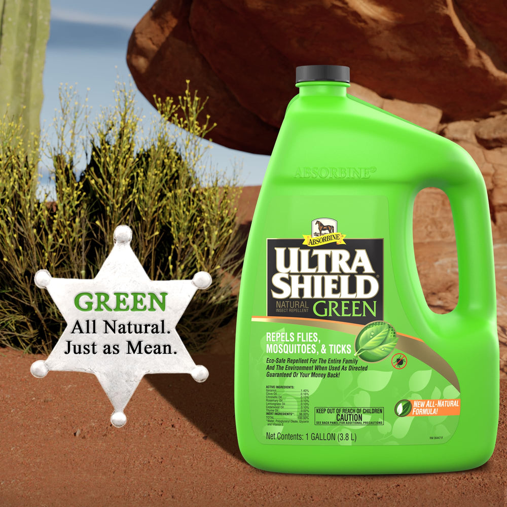 Absorbine UltraShield Green applied on a dog scene highlights pet-friendly outdoor protection.