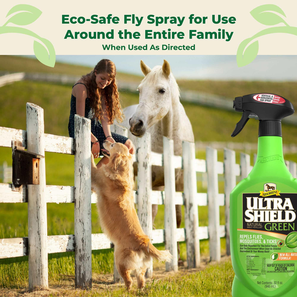 Absorbine UltraShield Green label design highlighting usage and safety for pets.