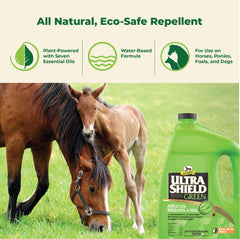 Close-up of Absorbine UltraShield Green label shows seven essential botanical oils.