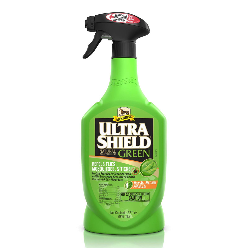 Absorbine UltraShield Green spray bottle in hand for easy on-the-go protection.