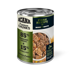 ACANA pork meat and liver chunks in bone broth highlight savory texture.