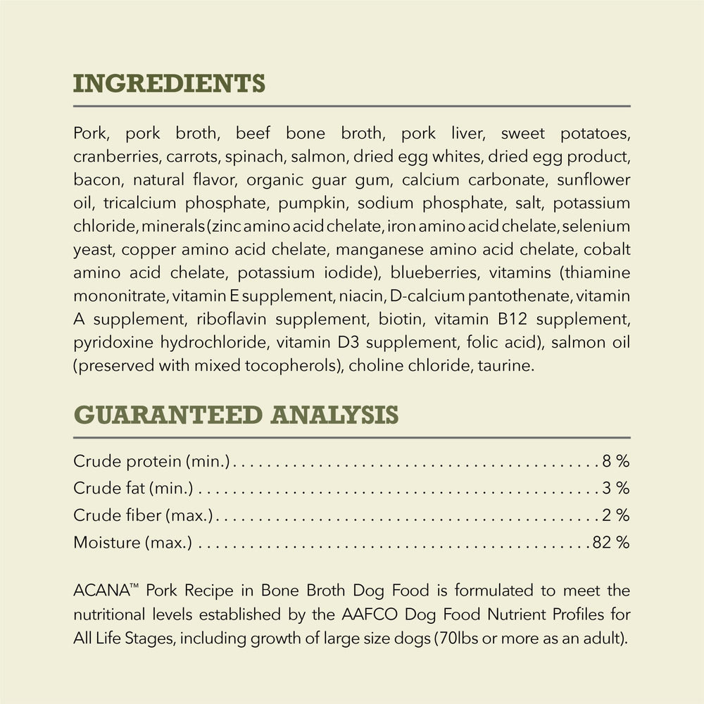 ACANA premium chunks on a serving dish illustrate crave-worthy pork flavor.