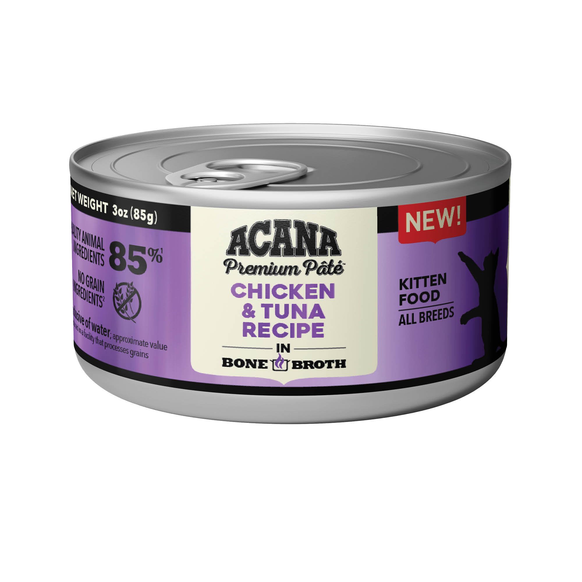 ACANA Premium Pate Kitten cans packshot highlighting grain-free, high-protein nutrition