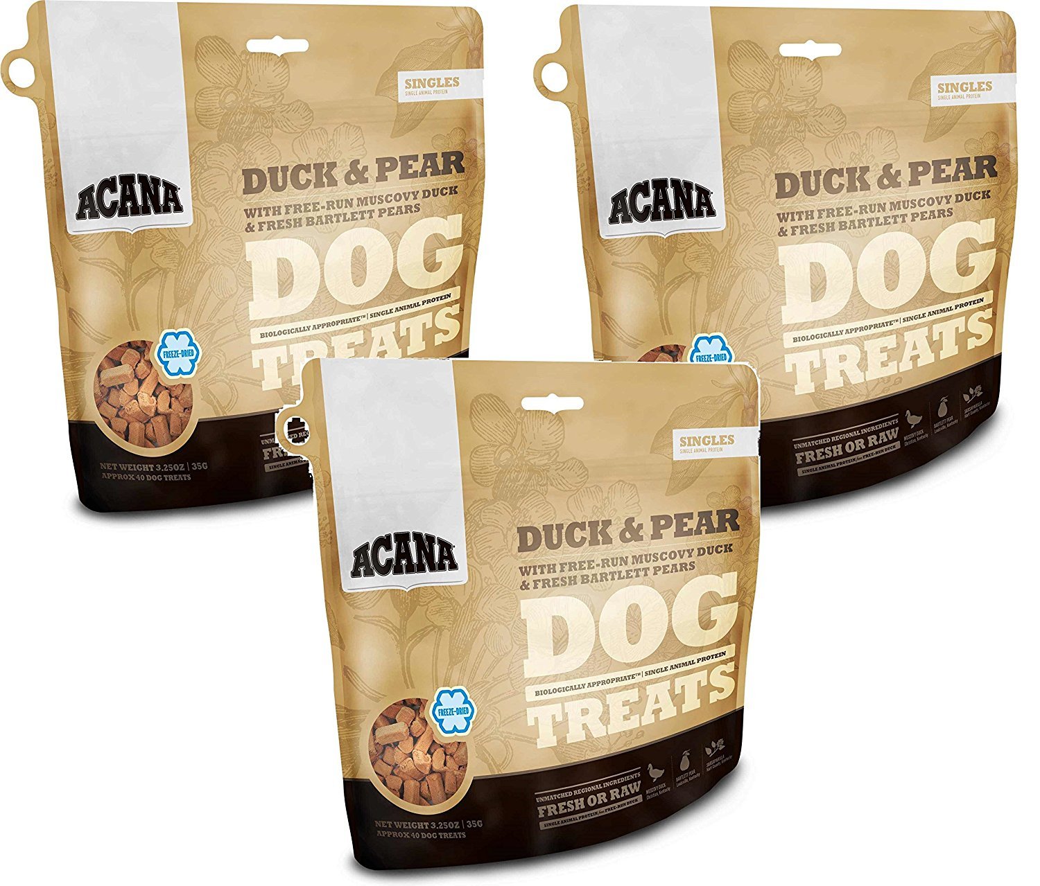 ACANA Singles Duck and Pear dog treats—freeze-dried single-protein rewards for training or daily treats