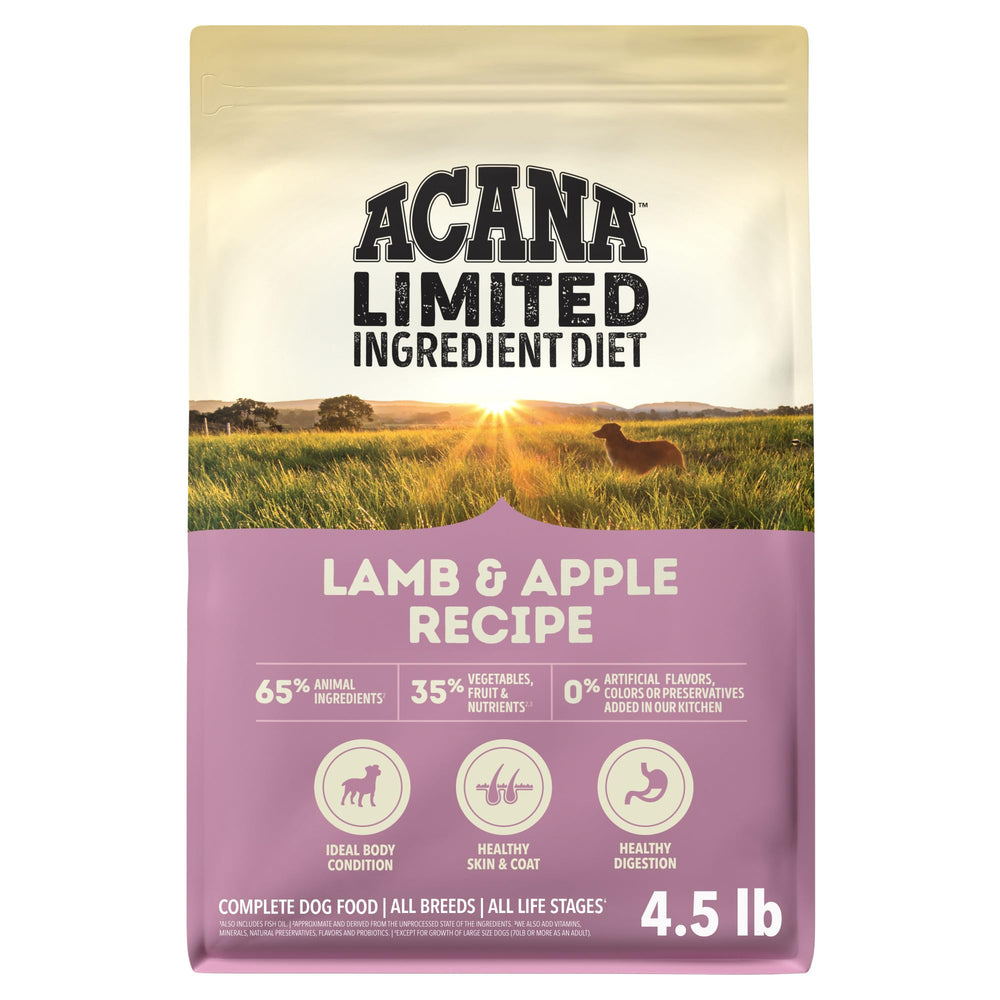ACANA Singles Lamb and Apple Recipe bag front shows grain-free nutrition dogs enjoy