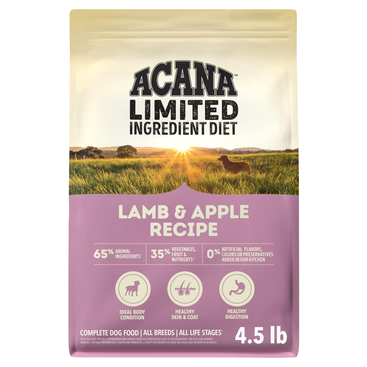 ACANA Singles Lamb and Apple Recipe bag front shows grain-free nutrition dogs enjoy