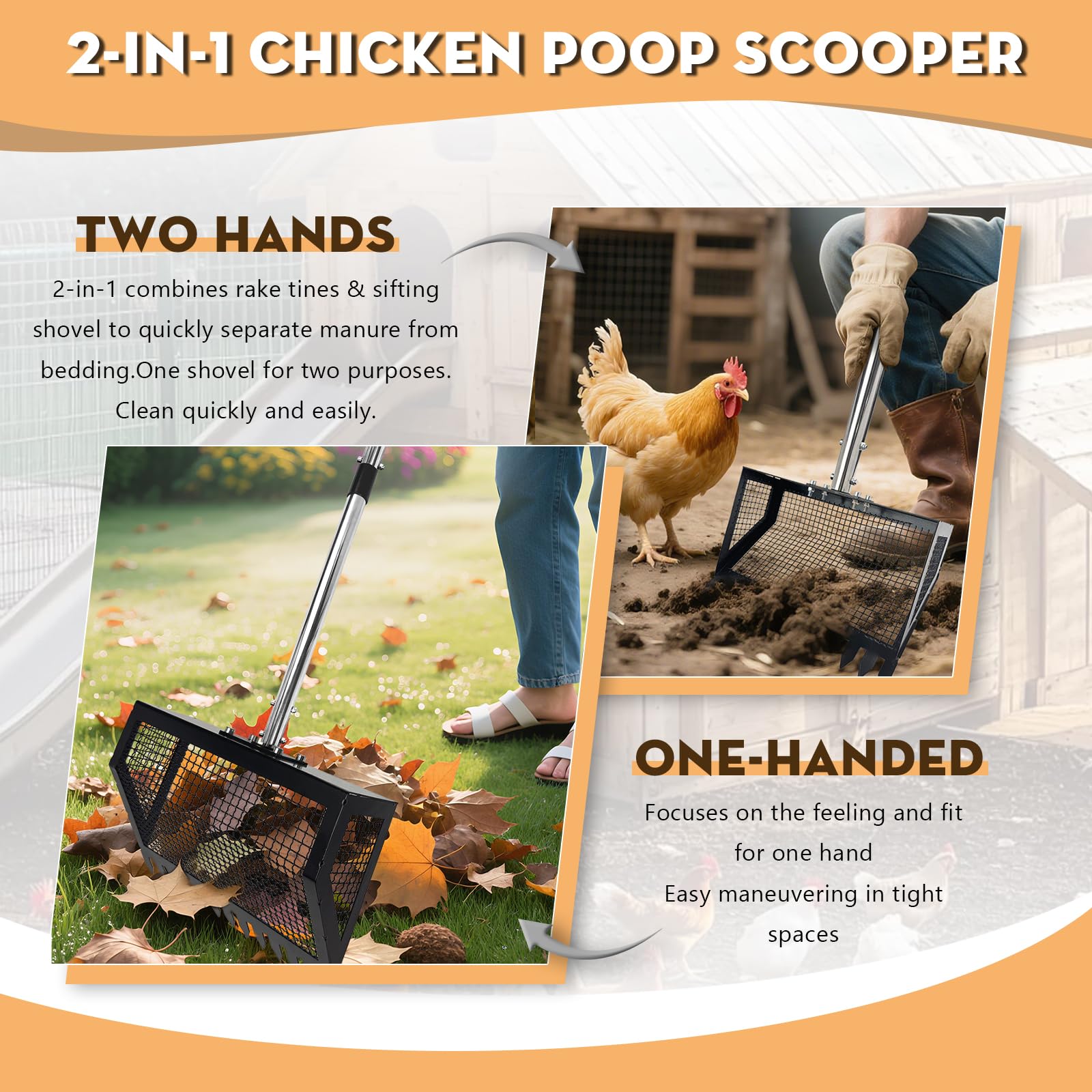 Accoglie adjustable-handle coop scoop extends from 22 to 62 inches for easy reach.