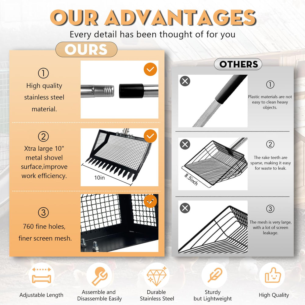 Accoglie built-in rake teeth and sieve separate waste from bedding efficiently.