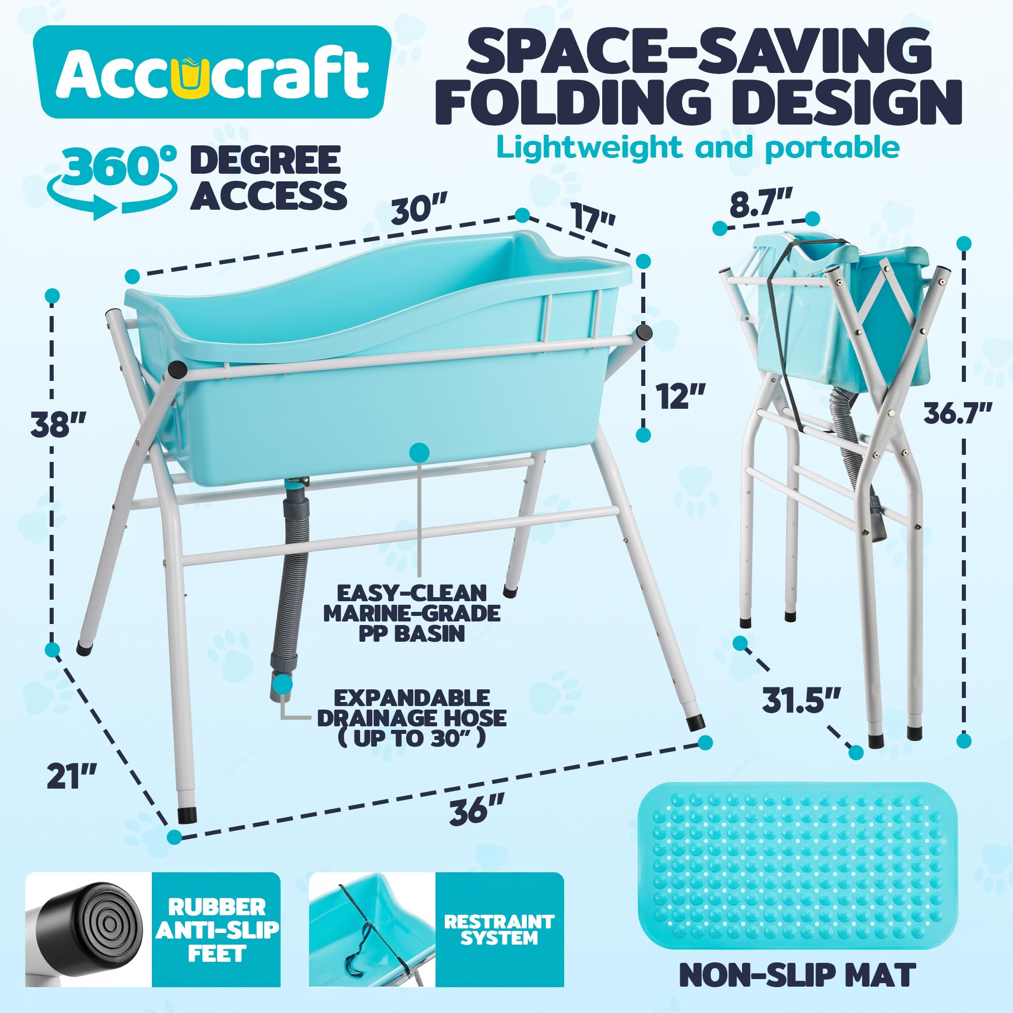 ACCUCRAFT dog bath tub adjustable height shows three levels for comfortable grooming
