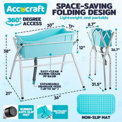 ACCUCRAFT dog bath tub adjustable height shows three levels for comfortable grooming