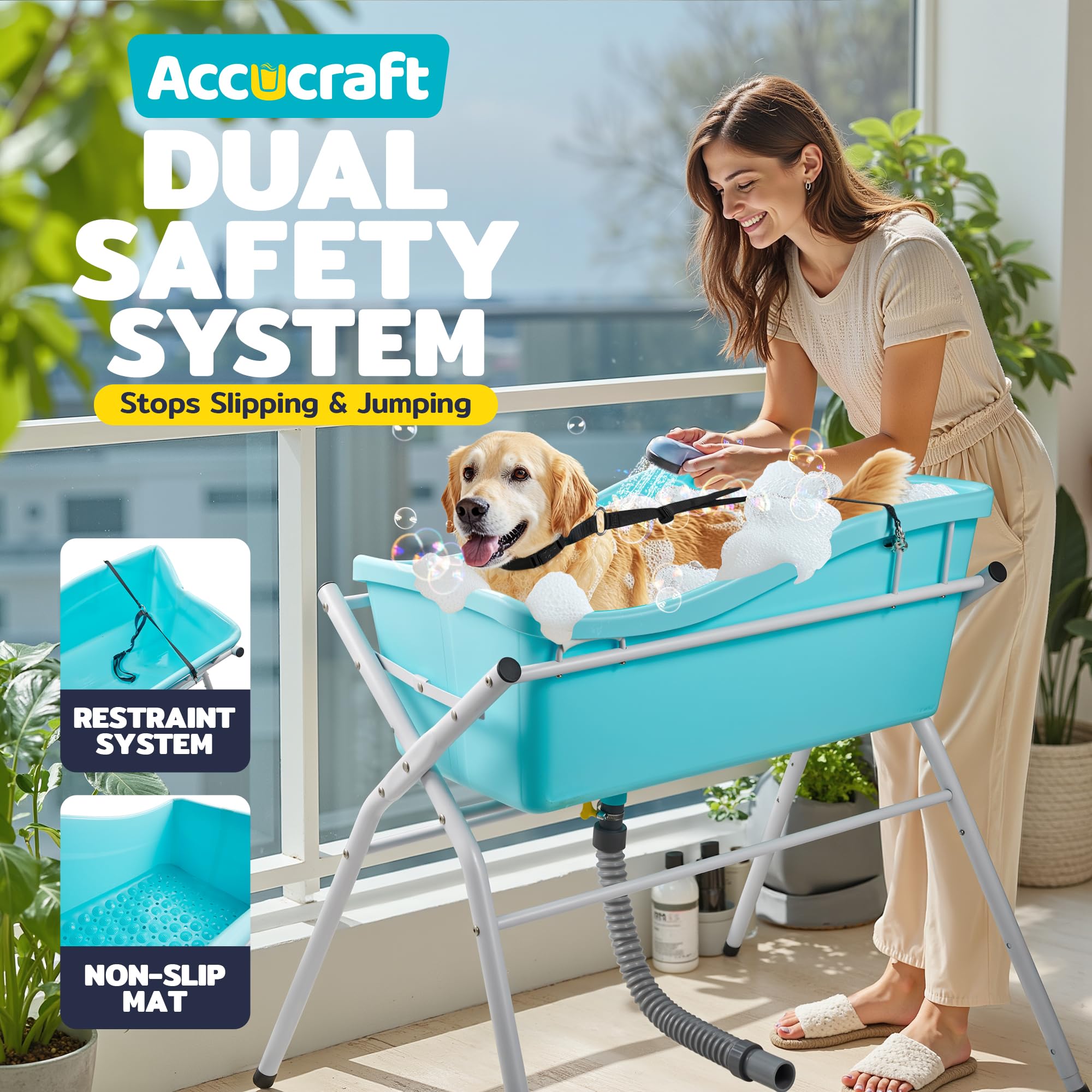 ACCUCRAFT dog bath tub in use outdoors shows versatile pet washing setup