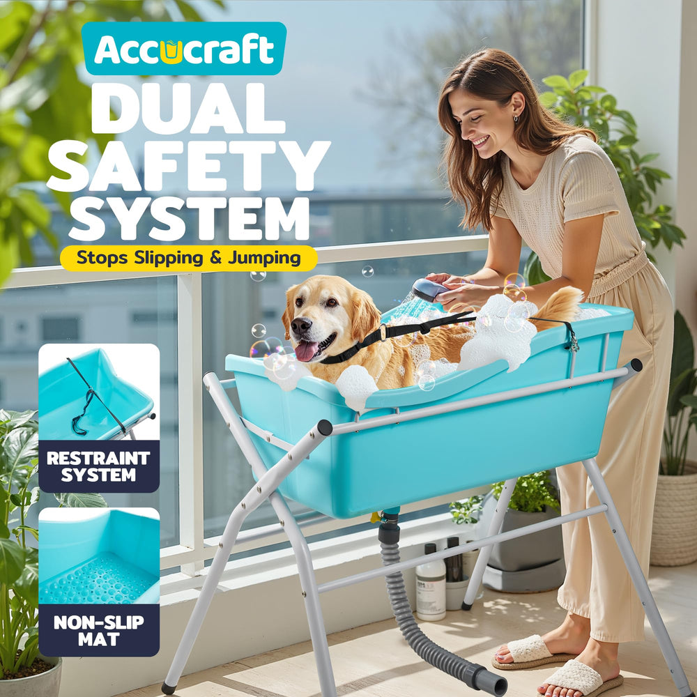 ACCUCRAFT dog bath tub in use outdoors shows versatile pet washing setup