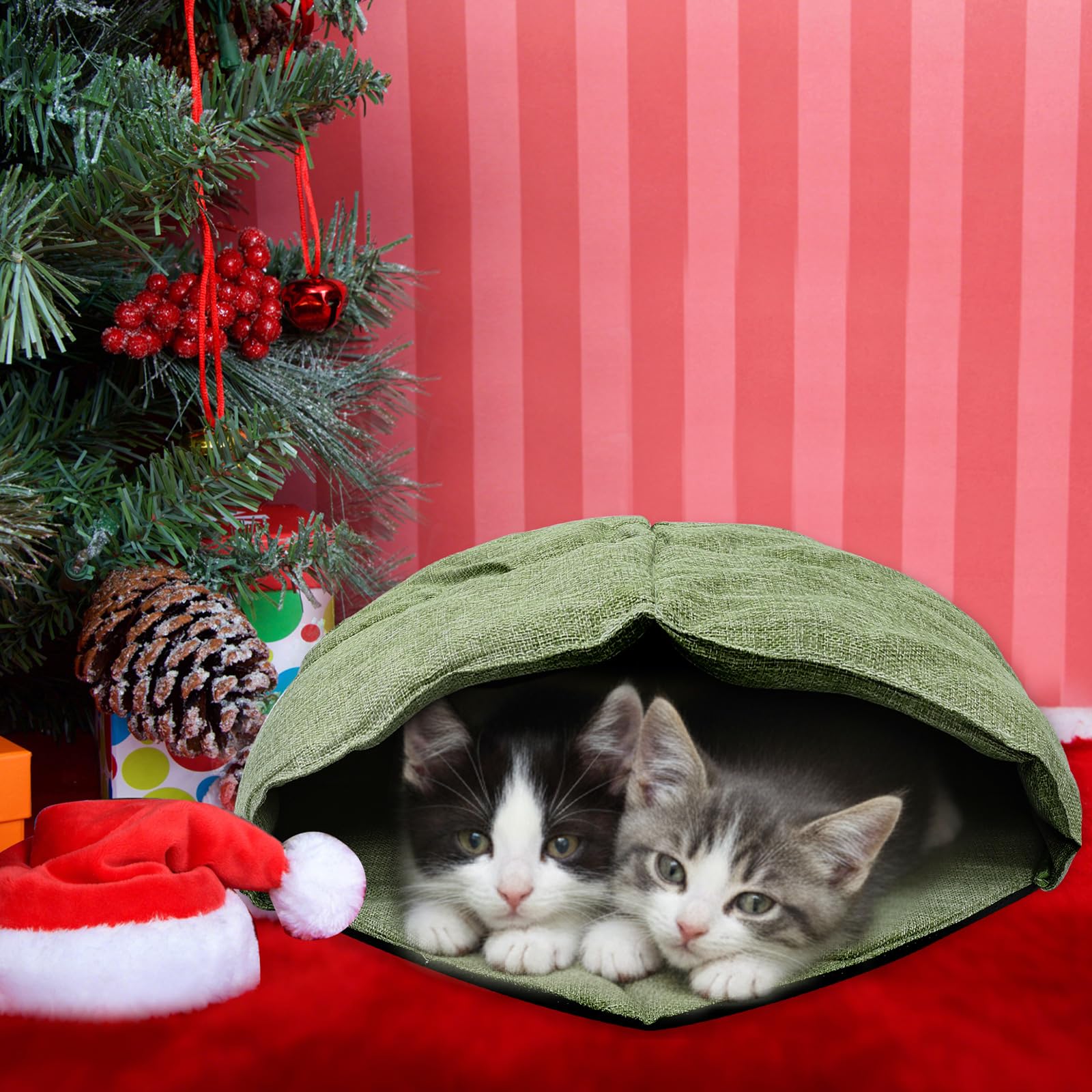AceOrbit cat sleeping bag cave entry green demonstrates simple burrowing shelter